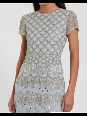 Mac Duggal 94077 Fringe Skirt Sheer Sleeve Dress